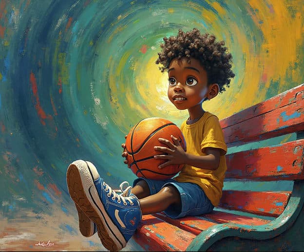 Boy Basketball Bench Swirl Background Teal