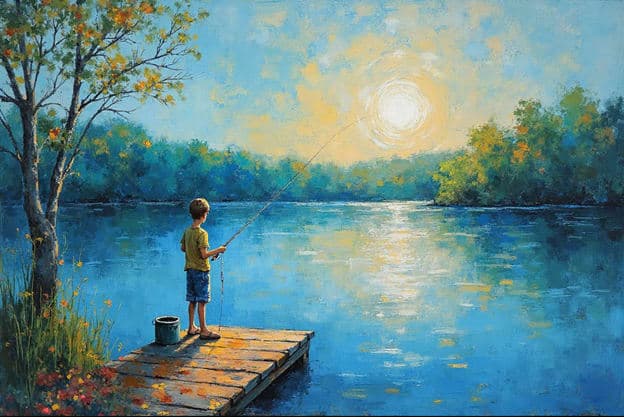 Boy Fishing Dock Lake Sunset Impasto Yellow