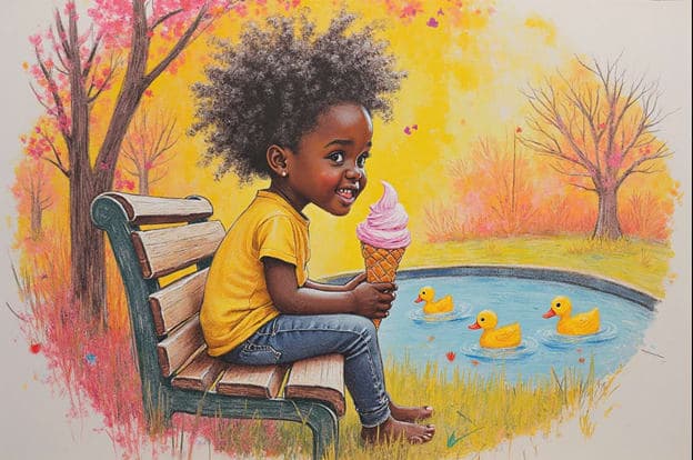 Girl Ice Cream Bench Pond Ducks Colored Pencil Autumn