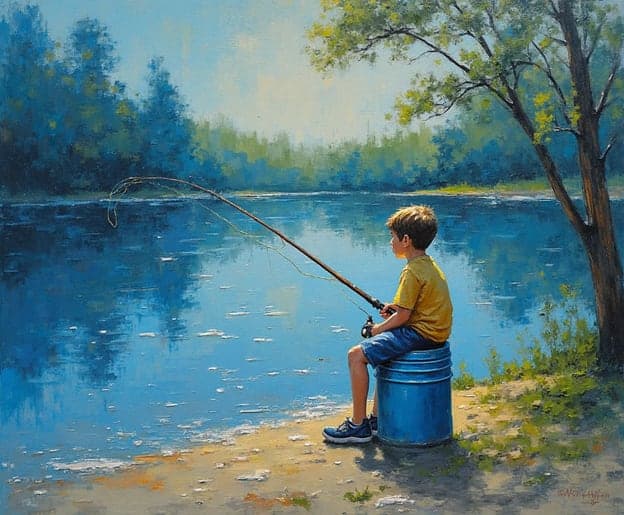 Boy Fishing Bucket Seat Lakeside Realistic