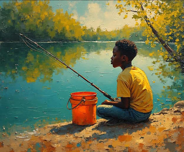 Boy Fishing Bucket Riverbank Impasto Teal