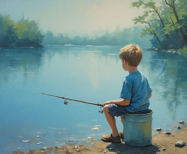 Boy Fishing Bucket Seat Misty River Realistic