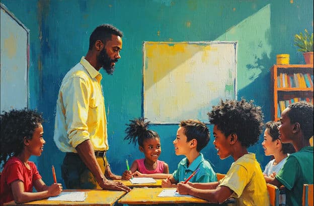 Teacher Students Classroom Desks Smiling Teal