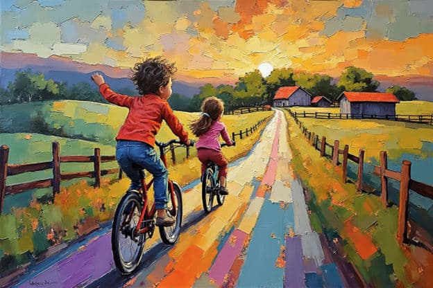 Boy Girl Biking Colorful Road Farm Sunset Impasto