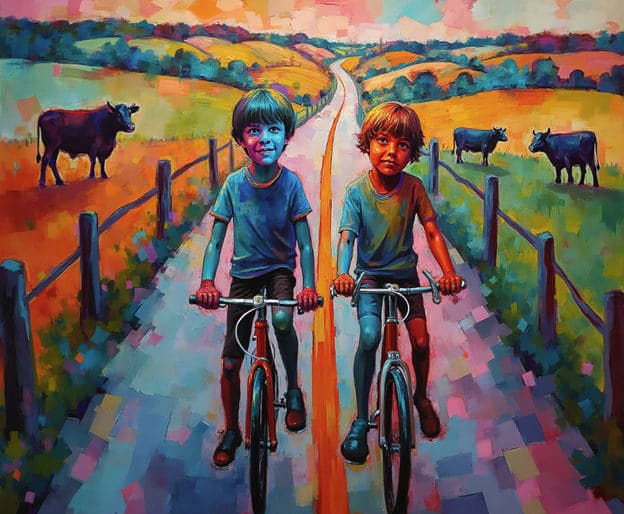 Boys Biking Country Road Cows Fence Colorful
