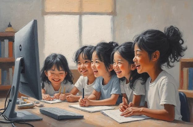 Girls Laughing Computer Classroom Bookshelf