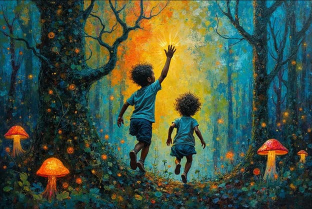 Boy Girl Reaching Glowing Light Forest Mushrooms