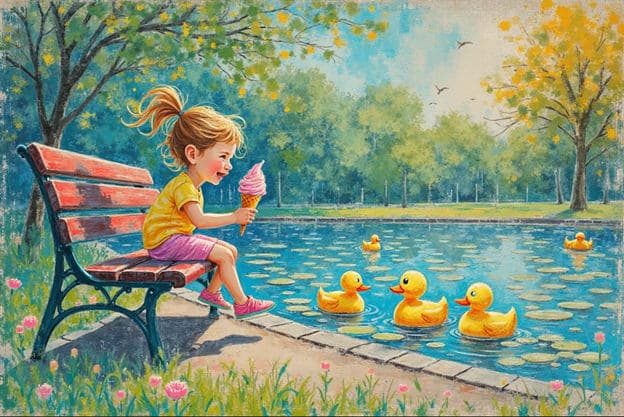 Girl Ice Cream Bench Pond Ducks Pastel Park