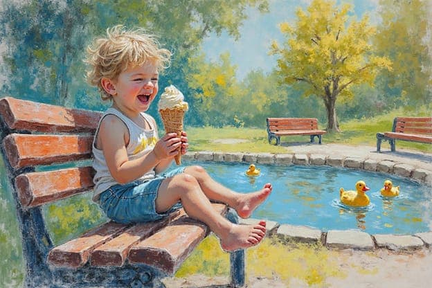 Toddler Boy Ice Cream Bench Ducks Pond Pastel