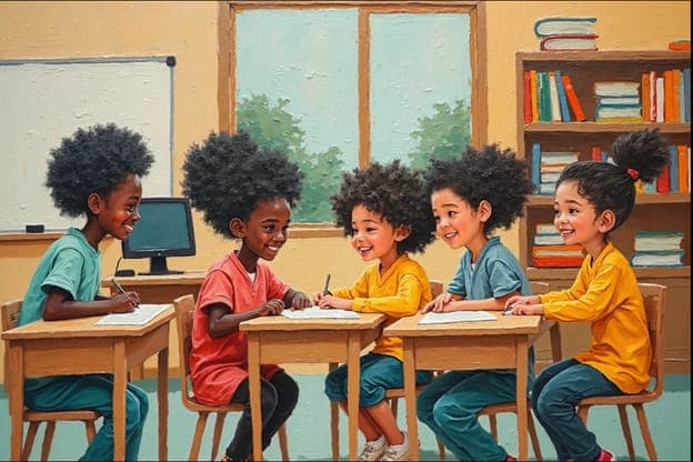 Children Classroom Desks Smiling Window Bookshelf