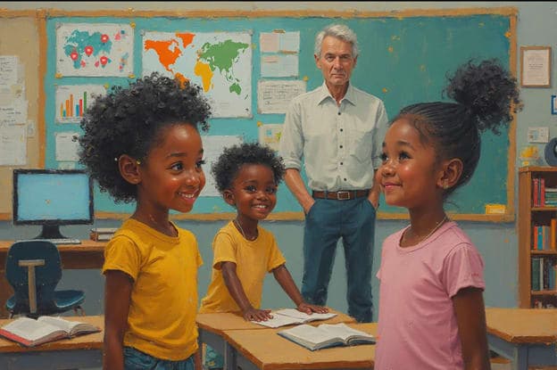 Teacher Students Classroom World Map Chalkboard
