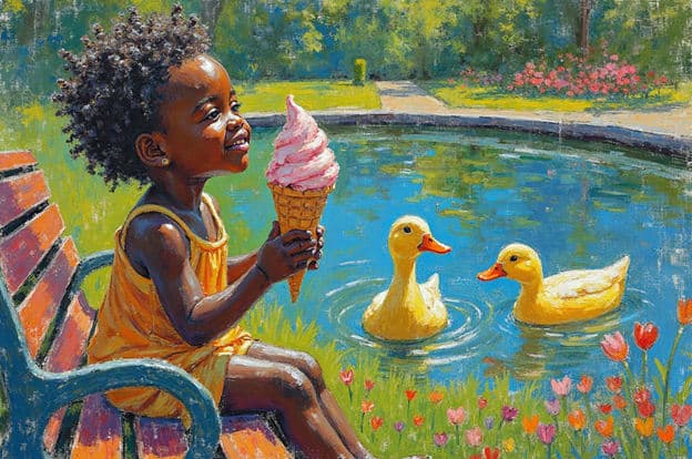 Girl Ice Cream Bench Ducks Pond Tulips