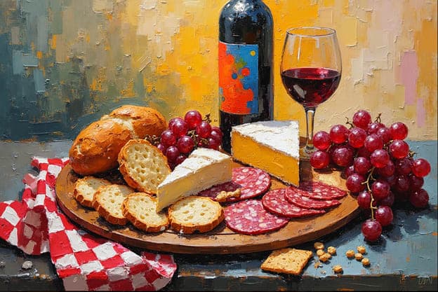 Brie Wine Baguette Salami Grapes Red Checkered Cloth