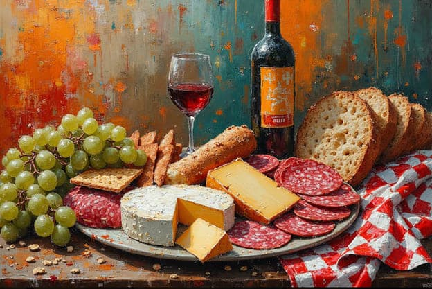 Cheese Board Wine Bread Salami Grapes Red Checkered Cloth
