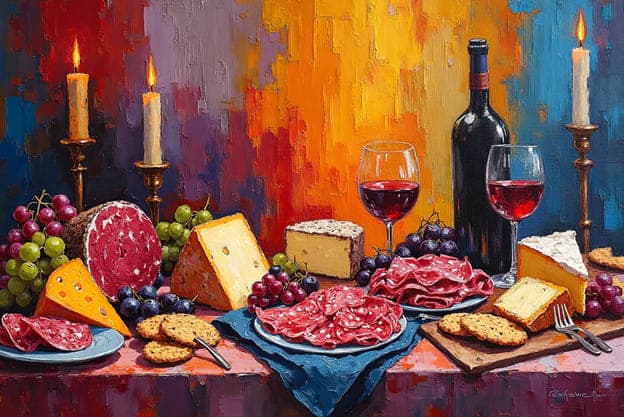 Cheese Charcuterie Two Wine Glasses Candles Colorful Backdrop