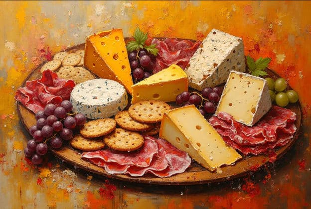 Cheese Board Round Plate Grapes Crackers Prosciutto Orange Backdrop
