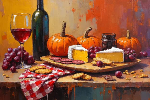 Cheese Wine Pumpkins Honey Jar Red Checkered Cloth