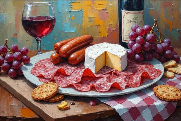 Brie Wine Sausages Salami Grapes Crackers