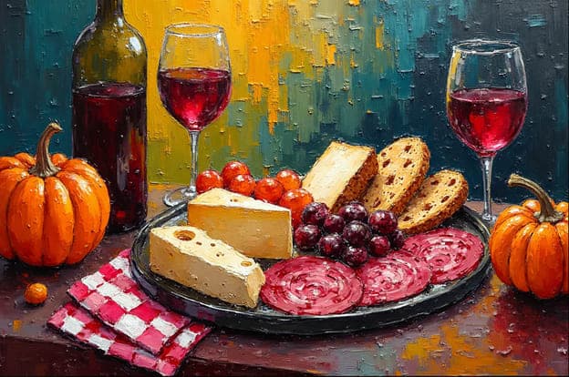 Cheese Wine Pumpkins Tomatoes Bread Salami Red Checkered Cloth