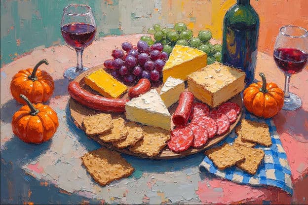 Cheese Wine Pumpkins Grapes Sausage Crackers Round Table
