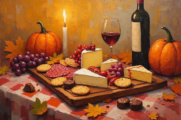 Cheese Wine Pumpkins Candle Grapes Salami Checkered Cloth