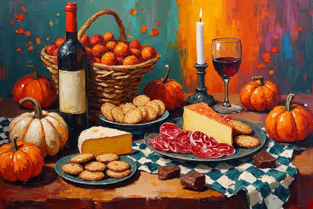 Cheese Wine Pumpkins Orange Basket Candle Prosciutto Crackers