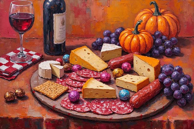 Cheese Wine Pumpkins Grapes Salami Chocolate Truffles Round Board