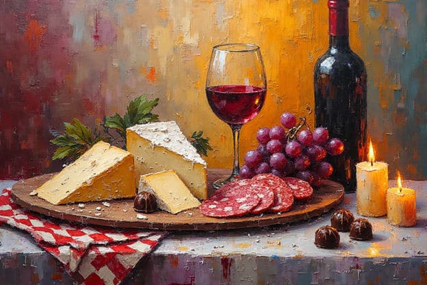 Cheese Wine Grapes Salami Chocolate Truffles Candles Checkered Cloth A