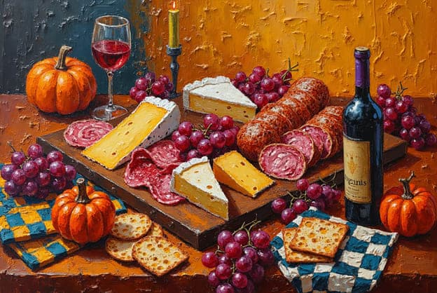 Cheese Wine Pumpkins Salami Grapes Crackers Blue Checkered Cloth