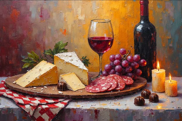 Cheese Wine Grapes Salami Chocolate Truffles Candles Checkered Cloth B