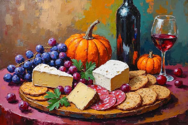 Cheese Wine Pumpkin Grapes Salami Crackers Pink Table