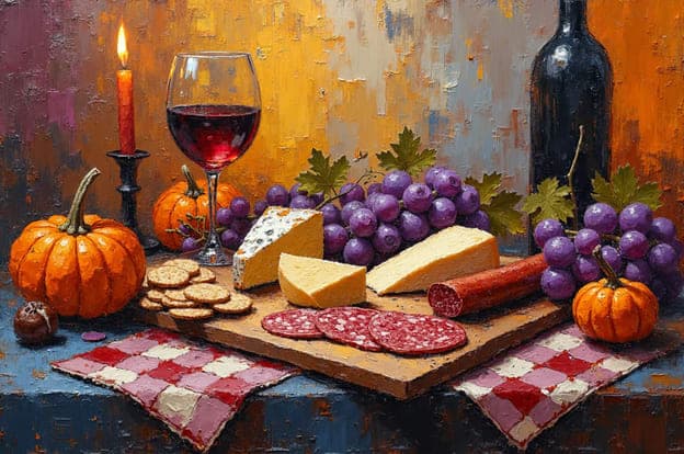 Cheese Wine Pumpkins Candle Grapes Salami Crackers Red Checkered Cloth