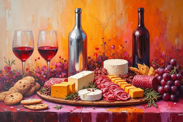Cheese Two Wine Glasses Salami Grapes Crackers Floral Backdrop