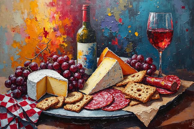 Brie Wine Grapes Salami Crackers Red Checkered Cloth