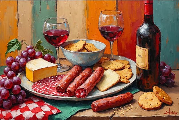 Cheese Two Wine Glasses Sausages Crackers Grapes Green Cloth