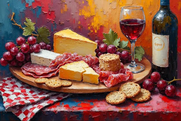 Cheese Wine Grapes Prosciutto Crackers Round Board Red Checkered Cloth