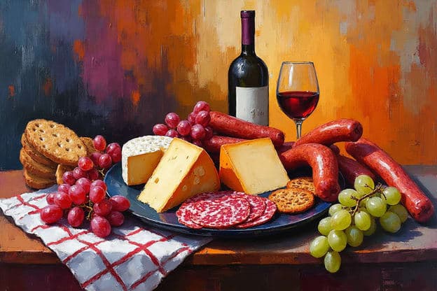 Cheese Wine Sausages Grapes Salami Crackers Red Checkered Cloth