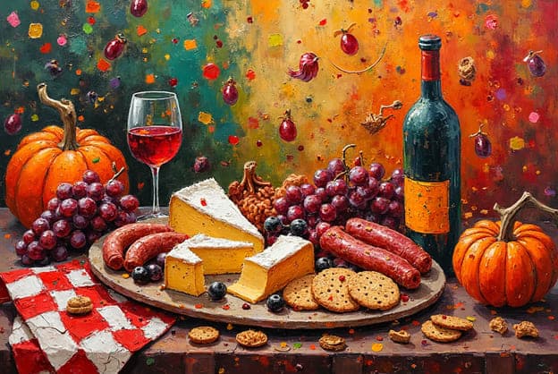 Cheese Wine Pumpkins Grapes Sausages Crackers Floating Elements