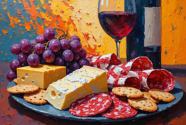 Cheese Wine Grapes Salami Crackers Round Plate