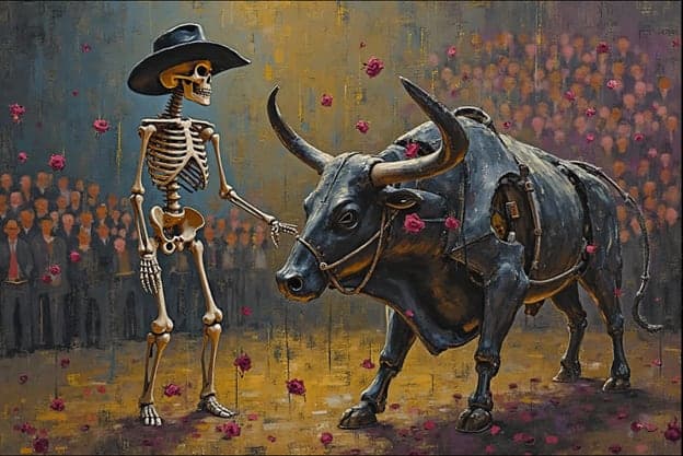 Skeleton Cowboy Hat Bull Arena Crowd Roses