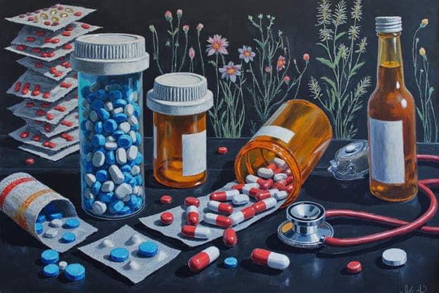 Pill Bottles Medication Stethoscope Still Life Wildflowers