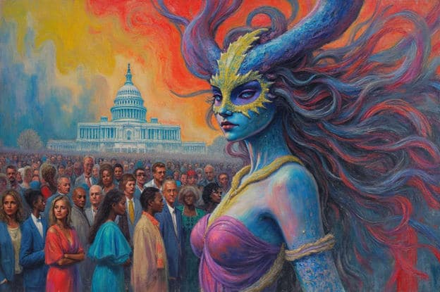 Horned Blue Masked Figure Crowd Capitol Building Surreal