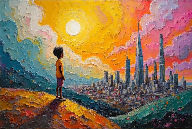 Boy Hilltop City Skyline Sunset Silhouette