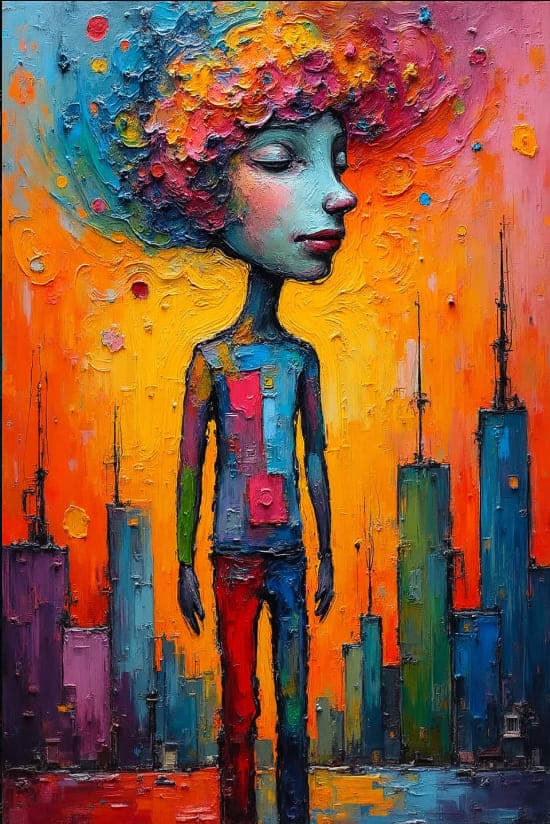 Colorful Hair Figure Cityscape Portrait Textured