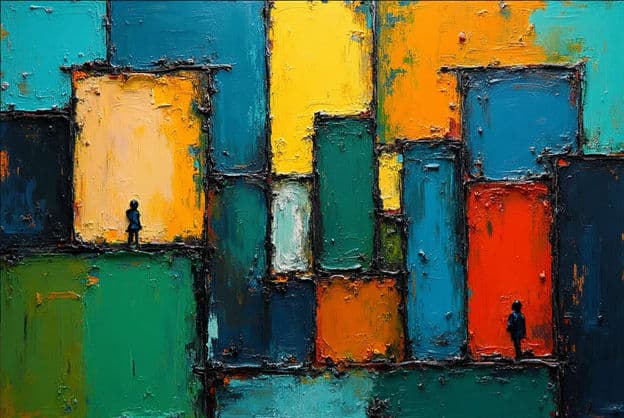 Abstract Geometric Cityscape Tiny Figures Colorful Blocks