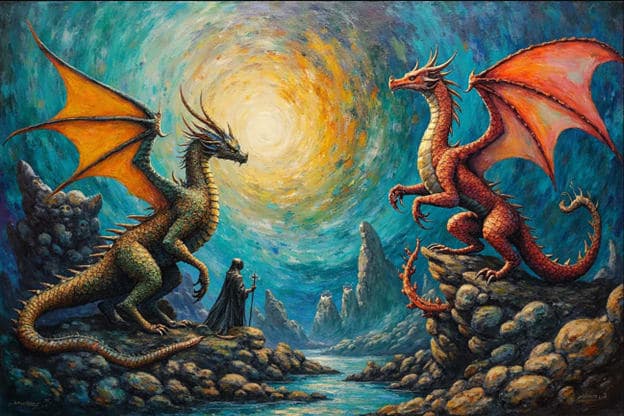 Dragons Cloaked Figure Mountain River Fantasy