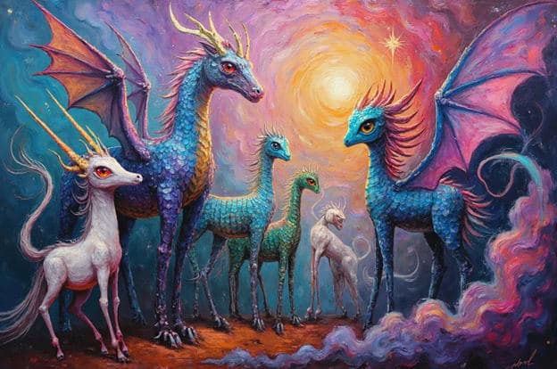 Dragon Family Unicorns Fantasy Creatures Glow
