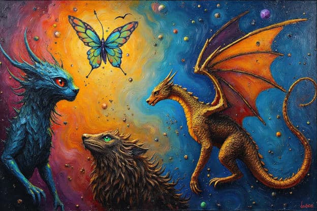 Dragon Creatures Butterfly Fantasy Colorful Space