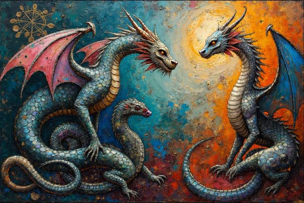 Twin Dragons Facing Sun Textured Fantasy