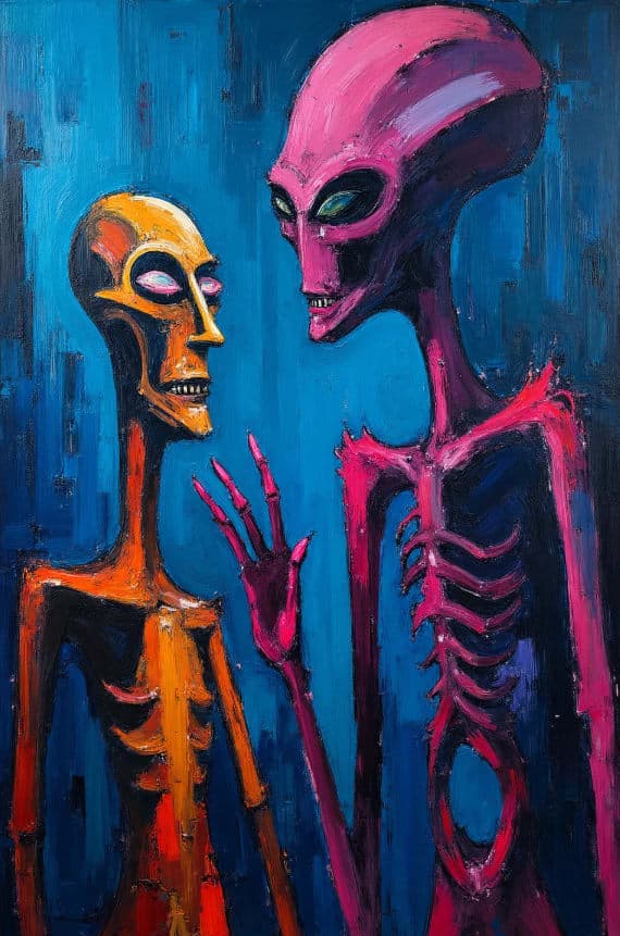Two Alien Figures Skeletal Portrait Orange Pink